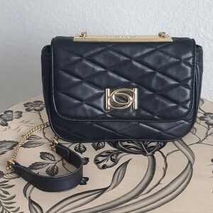 Black Bebe Abigail Smooth Flap Quilted Shoulder Bag Purse